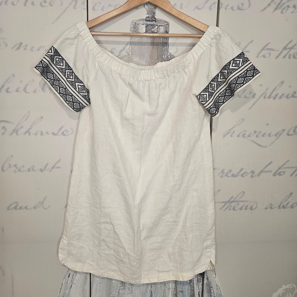 Athleta White Off-Shoulder Mini Dress with Black Embroidered Sleeves